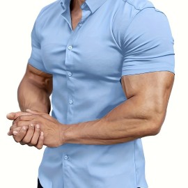 Solid Slim Fit Men's Cotton Blend Short Sleeve Button Down Shirt, Summer Outdoor Fitness Workout