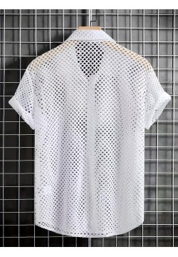 Men's Solid Hollow Out Lapel Short Sleeve Button Up Shirt For Summer Beach Party, Vacation