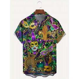 Mardi Gras Themed Novelty Pattern Men's Fashion Short Sleeve Lapel Shirt, Summer Party Dress, Gift For Men