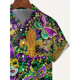 Mardi Gras Themed Novelty Pattern Men's Fashion Short Sleeve Lapel Shirt, Summer Party Dress, Gift For Men