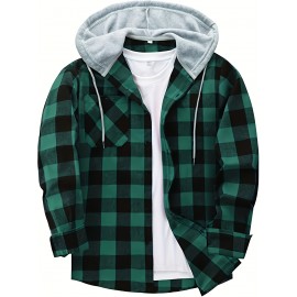 Men's Plaid Hooded Shirt Jacket with Chest Pocket - Casual Fall Winter Outwear