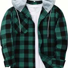 Men's Plaid Hooded Shirt Jacket with Chest Pocket - Casual Fall Winter Outwear