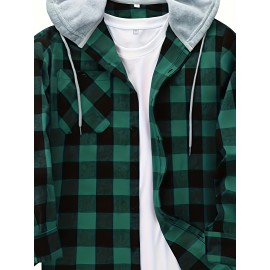 Men's Plaid Hooded Shirt Jacket with Chest Pocket - Casual Fall Winter Outwear