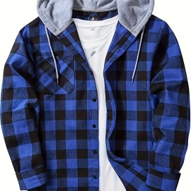 Men's Plaid Hooded Shirt Jacket with Chest Pocket - Casual Fall Winter Outwear