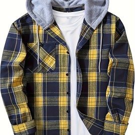 Men's Plaid Hooded Shirt Jacket with Chest Pocket - Casual Fall Winter Outwear