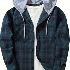 Men's Plaid Hooded Shirt Jacket with Chest Pocket - Casual Fall Winter Outwear