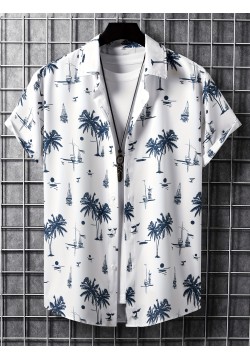 Men's Hawaiian Shirt - Coconut Tree Sailboat Print, Trendy & Comfy Short Sleeve Button Up for Summer Beach Vacations