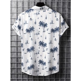 Men's Hawaiian Shirt - Coconut Tree Sailboat Print, Trendy & Comfy Short Sleeve Button Up for Summer Beach Vacations