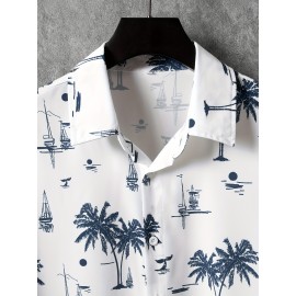 Men's Hawaiian Shirt - Coconut Tree Sailboat Print, Trendy & Comfy Short Sleeve Button Up for Summer Beach Vacations