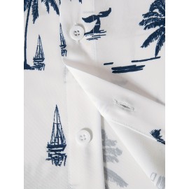 Men's Hawaiian Shirt - Coconut Tree Sailboat Print, Trendy & Comfy Short Sleeve Button Up for Summer Beach Vacations