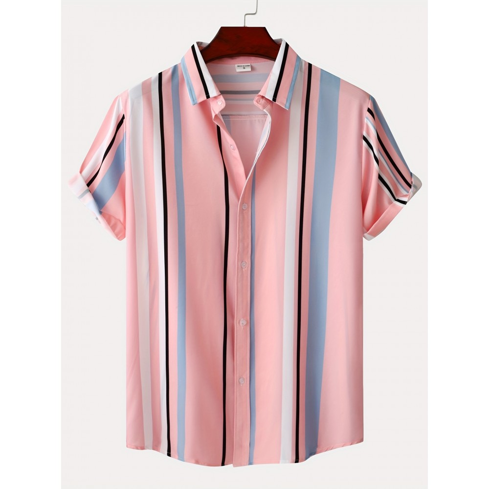 Stripe Pattern Men's Casual Thin Short Sleeve Lapel Shirt, Men's Shirt For Spring Summer, Resort Vacation