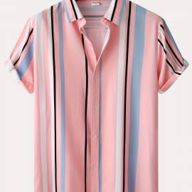 Stripe Pattern Men's Casual Thin Short Sleeve Lapel Shirt, Men's Shirt For Spring Summer, Resort Vacation