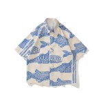 Retro Fish Pattern Men's Short Sleeve Lapel Shirt, Men's Casual Button Up Shirt For Summer Holiday