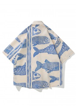 Retro Fish Pattern Men's Short Sleeve Lapel Shirt, Men's Casual Button Up Shirt For Summer Holiday