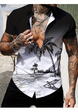 Anime Beach Pattern Men's Chic Gradient Short Sleeve Button Down Shirt, Summer Resort Vacation