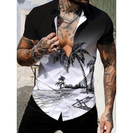 Anime Beach Pattern Men's Chic Gradient Short Sleeve Button Down Shirt, Summer Resort Vacation