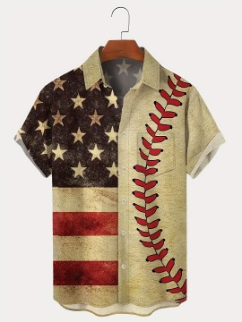 Baseball Themed Flag Digital Print Men's Vintage Short Sleeve Button Down Shirt With Chest Pocket, Summer Outdoor