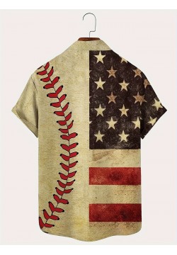 Baseball Themed Flag Digital Print Men's Vintage Short Sleeve Button Down Shirt With Chest Pocket, Summer Outdoor