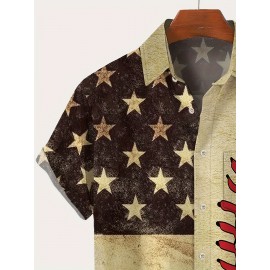 Baseball Themed Flag Digital Print Men's Vintage Short Sleeve Button Down Shirt With Chest Pocket, Summer Outdoor