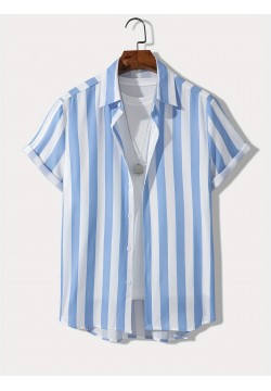 Classic Stripe Print Men's Casual Short Sleeve Shirt, Men's Shirt For Summer Vacation Resort, Tops For Men