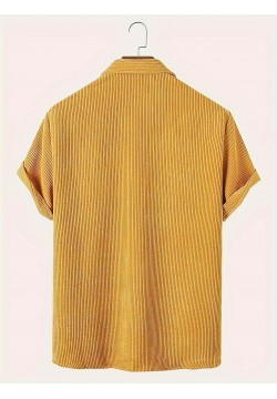 Ribbed Men's Casual Short Sleeve Lapel Shirt With Chest Pocket For Summer Outdoor, Gift For Men