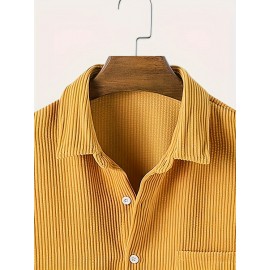 Ribbed Men's Casual Short Sleeve Lapel Shirt With Chest Pocket For Summer Outdoor, Gift For Men