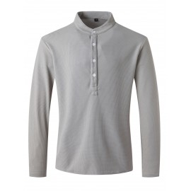 Solid Lapel Shirt, Men's Casual V-Neck Pullover Long Sleeve Shirt For Spring Autumn, Men's Clothing