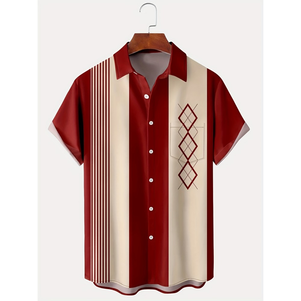 Vintage Style Geometric Print Men's Casual Short Sleeve Shirt - Perfect for Summer Vacation and Resort - Great Gift for Men