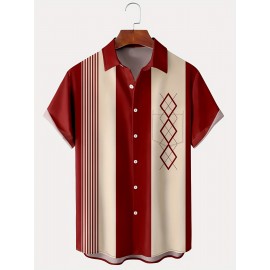 Vintage Style Geometric Print Men's Casual Short Sleeve Shirt - Perfect for Summer Vacation and Resort - Great Gift for Men