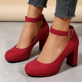 Women's Red Block Heels, Elegant Solid Color Buckle Strap Pumps, Women's Fashion Pumps