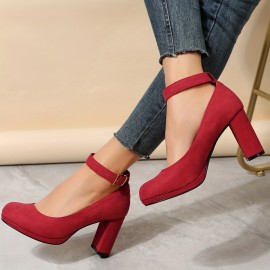 Women's Red Block Heels, Elegant Solid Color Buckle Strap Pumps, Women's Fashion Pumps