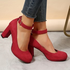 Women's Red Block Heels, Elegant Solid Color Buckle Strap Pumps, Women's Fashion Pumps