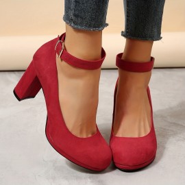 Women's Red Block Heels, Elegant Solid Color Buckle Strap Pumps, Women's Fashion Pumps