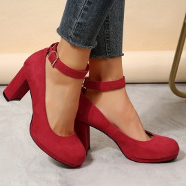 Women's Red Block Heels, Elegant Solid Color Buckle Strap Pumps, Women's Fashion Pumps