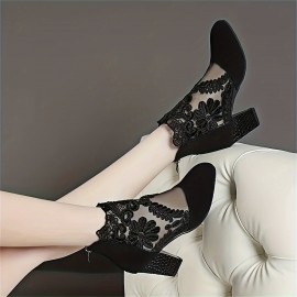 Women's Breathable Lace Mesh Block Heels, Fashion Back Zipper Dress Pumps, Stylish Embroidery Heels