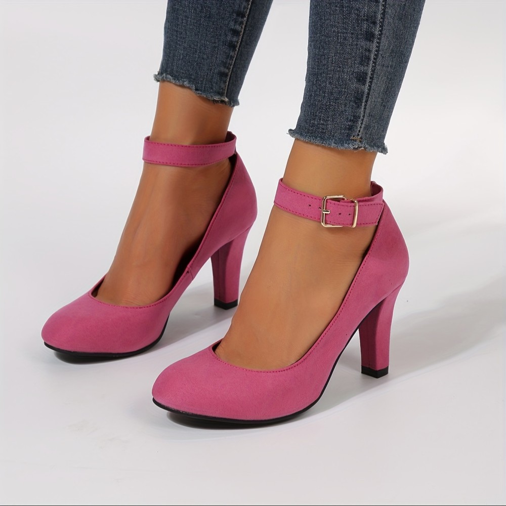 Women's Block Heels, Elegant Solid Color Dress Pumps, Fashion Buckle Strap Heels