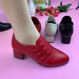 Women's Solid Color Chunky Heels, Casual Point Toe Faux Leather Shoes, Comfortable Slip On Pumps