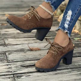 Women's Solid Color Platform Shoes, Lace Up Shallow Mouth Casual Chunky Heels, Versatile Round Toe Non-slip Pumps