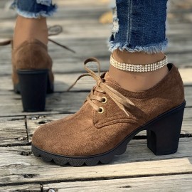 Women's Solid Color Platform Shoes, Lace Up Shallow Mouth Casual Chunky Heels, Versatile Round Toe Non-slip Pumps