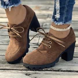 Women's Solid Color Platform Shoes, Lace Up Shallow Mouth Casual Chunky Heels, Versatile Round Toe Non-slip Pumps