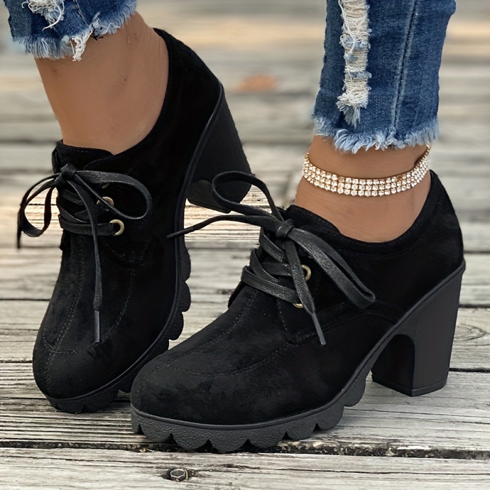 Women's Lace Up Ankle Boots, Casual Solid Color Chunky Heeled Booties, Round Toe High Heeled Short Boots