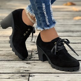 Women's Lace Up Ankle Boots, Casual Solid Color Chunky Heeled Booties, Round Toe High Heeled Short Boots