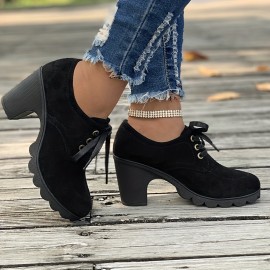 Women's Lace Up Ankle Boots, Casual Solid Color Chunky Heeled Booties, Round Toe High Heeled Short Boots