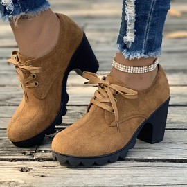 Women's Lace Up Ankle Boots, Casual Solid Color Chunky Heeled Booties, Round Toe High Heeled Short Boots