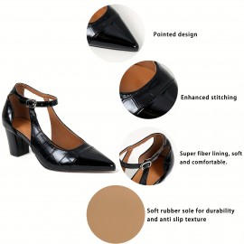 Women's Cap Toe Chunky Heeled Sandals, Ankle Strap D'Orsay Mid Heels, All-Match Faux Leather Dress Shoes