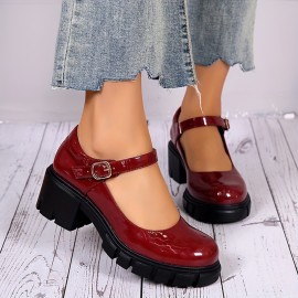 Women's Chunky Heel shoes, Solid Color Round Toe Buckle Strap Patent Leather Shoes, Versatile Dress Mid Heels