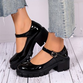 Women's Chunky Heel shoes, Solid Color Round Toe Buckle Strap Patent Leather Shoes, Versatile Dress Mid Heels