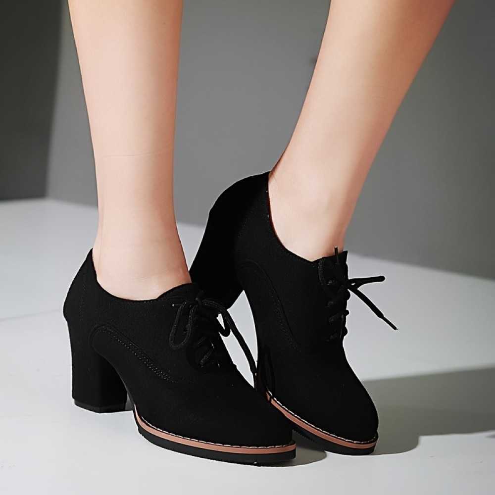 Women's Platform Chunky High Heels, Black Round Toe Micro Suede Lace Up Short Boots, Women's Beer Festival Dress Shoes