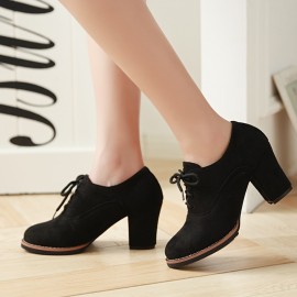 Women's Platform Chunky High Heels, Black Round Toe Micro Suede Lace Up Short Boots, Women's Beer Festival Dress Shoes