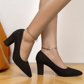 Women's Block Heeled Shoes, Comfortable Pointed Toe Slip On Shoes, Women's Solid Color Pumps